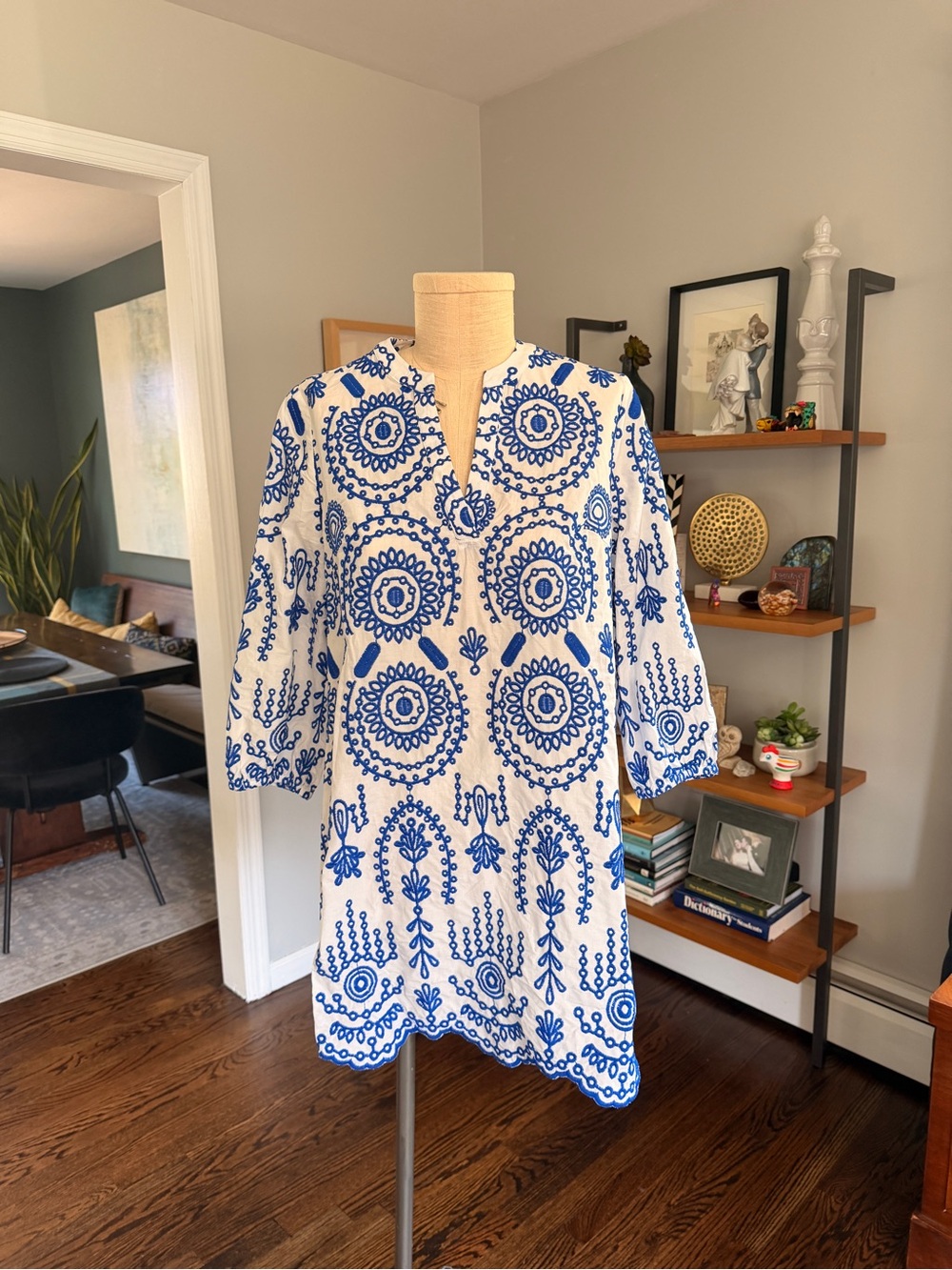 Mersea- Edie White and Blue Embroidered Cotton Tunic Dress